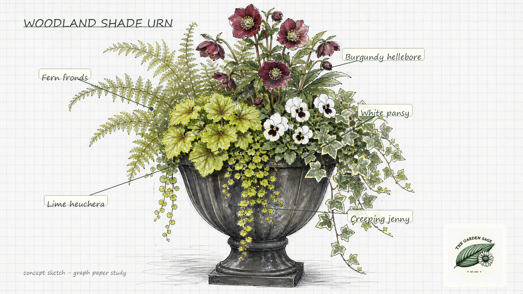Woodland shade urn sketch with labeled hellebore, fern, heuchera, pansy, and creeping jenny