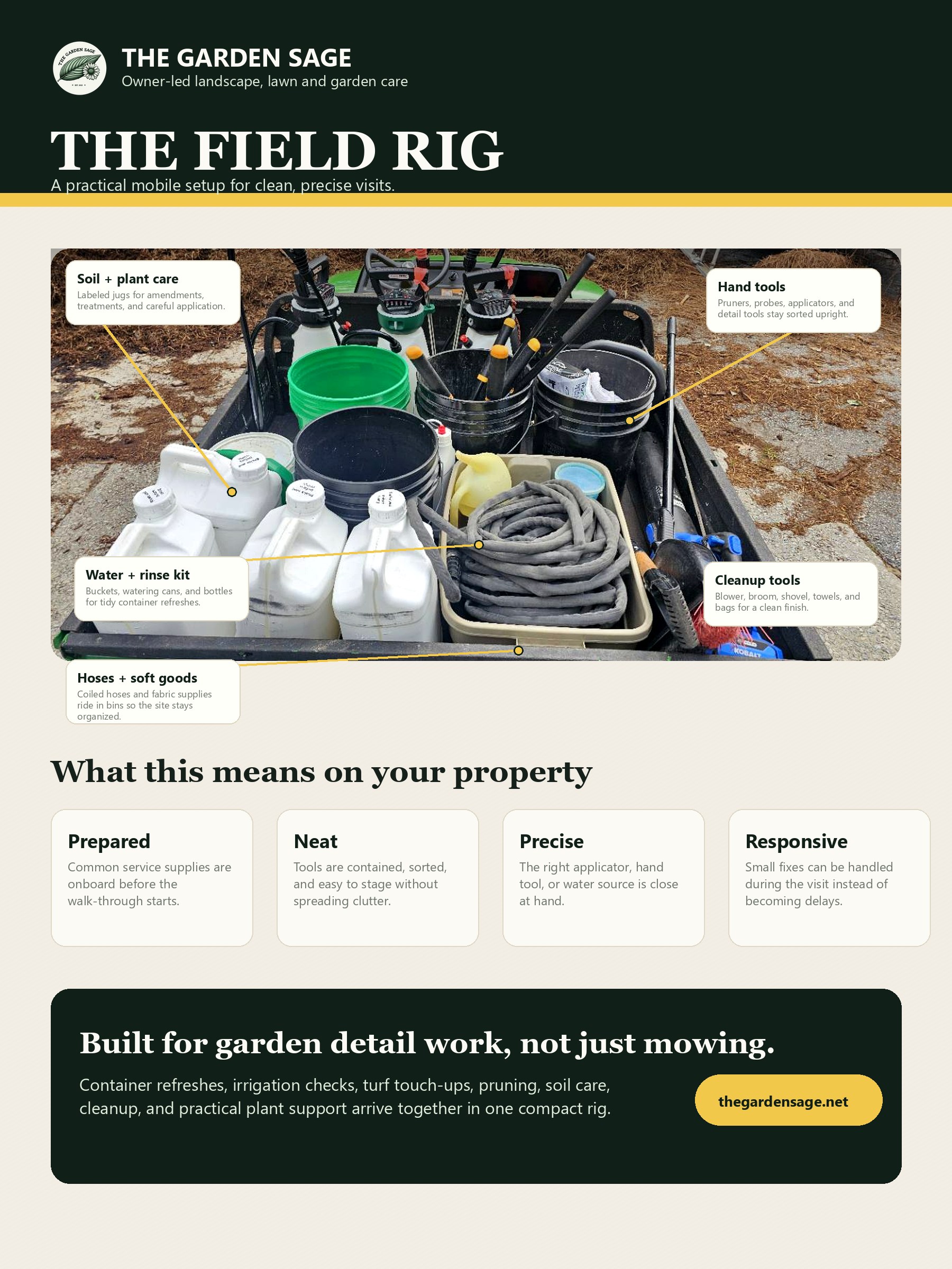 The Garden Sage field rig equipment breakdown poster