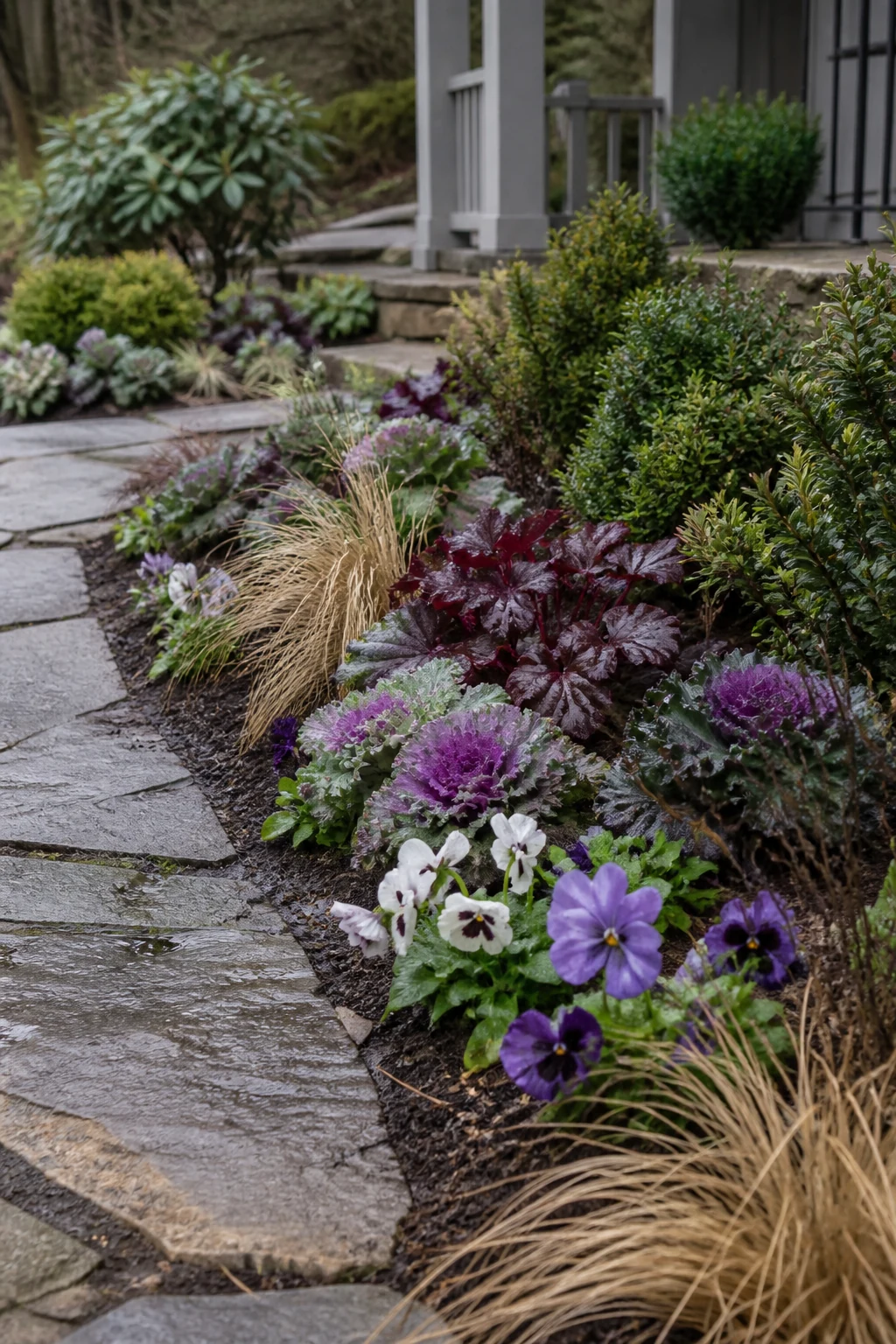 Cool-season planting arranged beside a natural stone walk at a Western North Carolina home