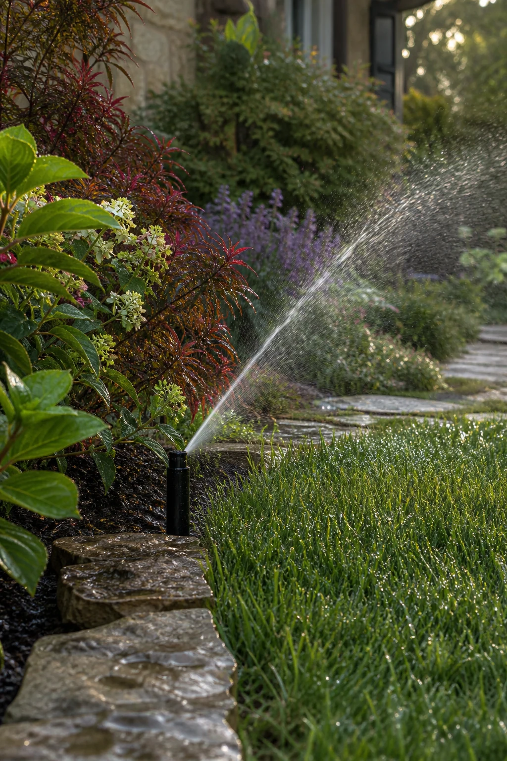 Adjusted irrigation watering turf and ornamental plantings beside a natural stone edge