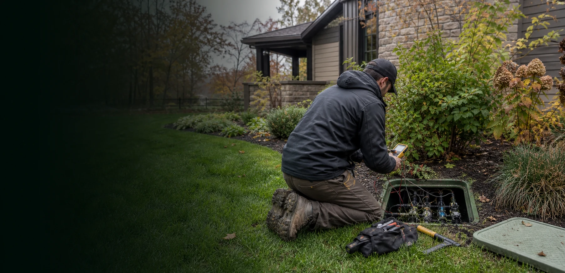 Irrigation technician diagnosing a residential valve box at a Western North Carolina home