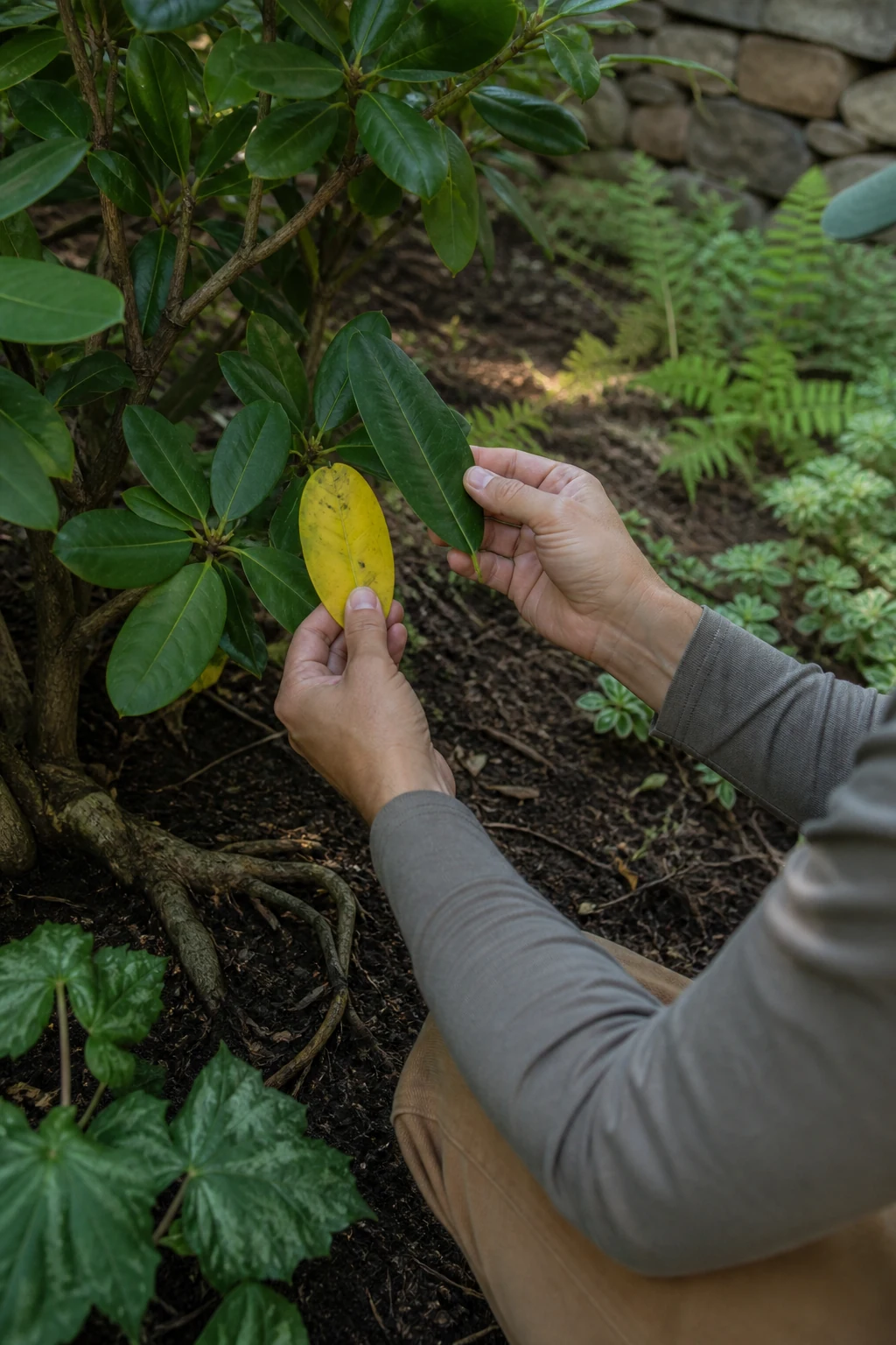 Horticultural professional comparing healthy and yellowing leaves while examining the surrounding root zone