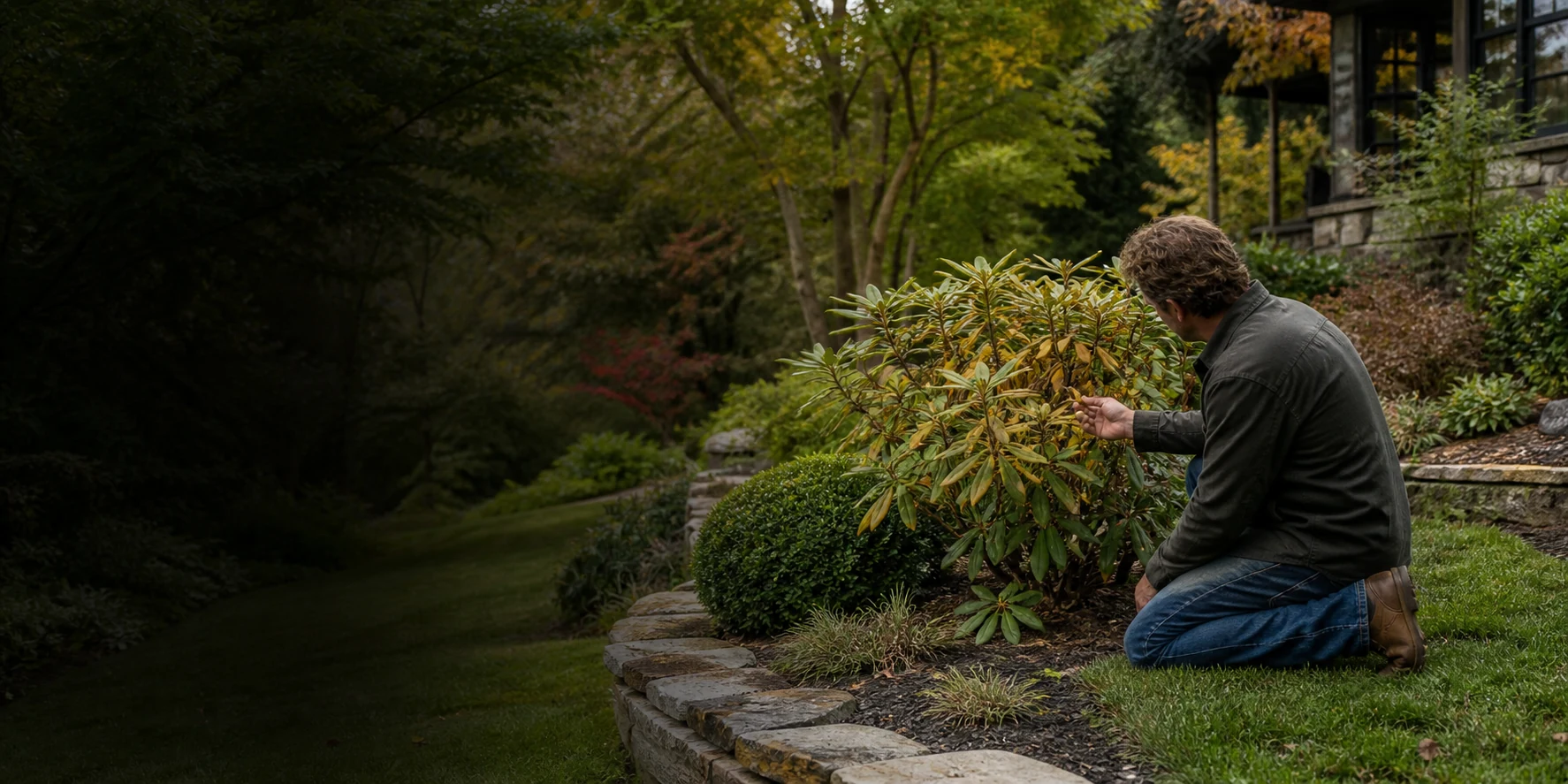 Horticultural professional assessing a stressed ornamental plant within an established Western North Carolina landscape