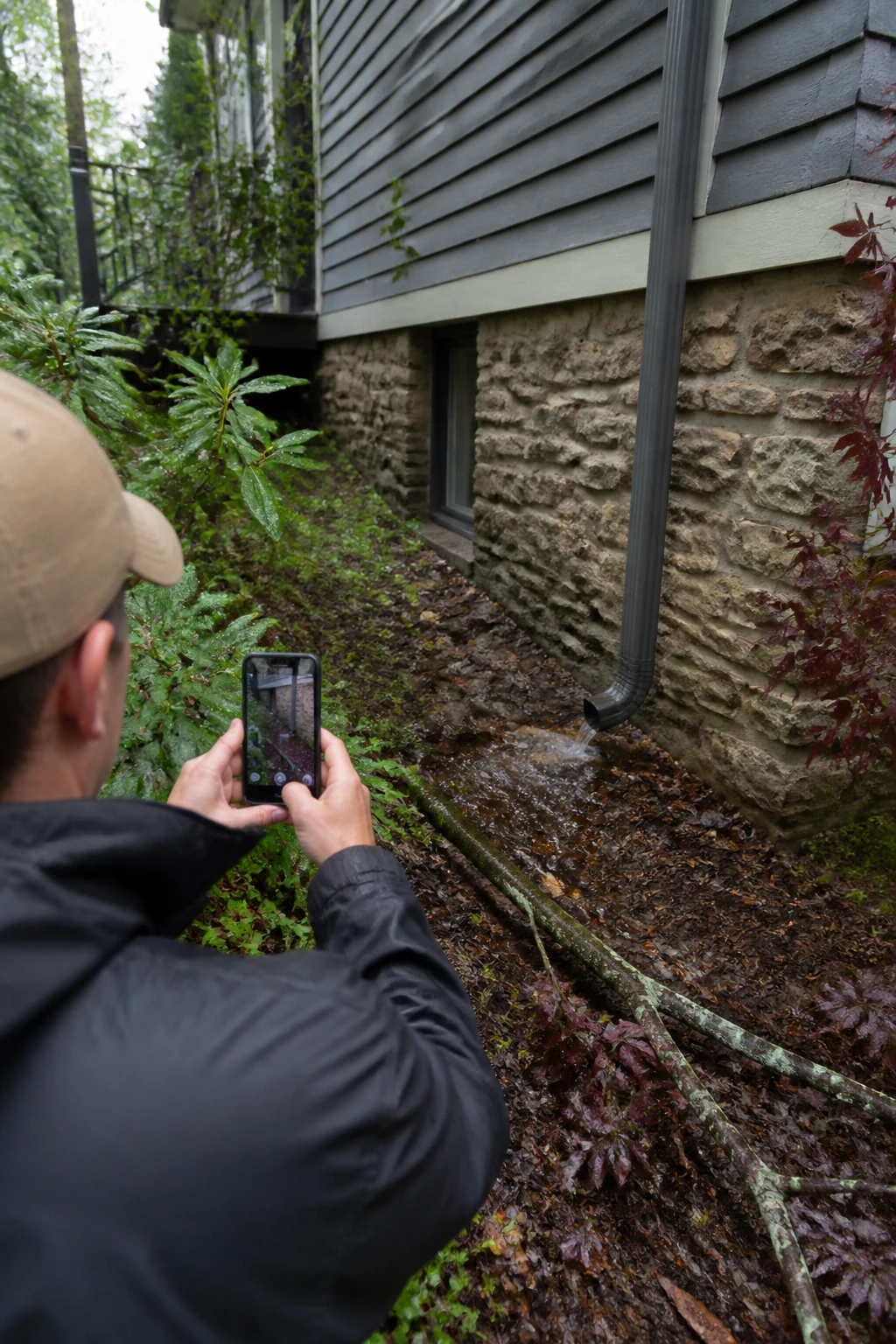 Property steward documenting a drainage condition beside a home after rain