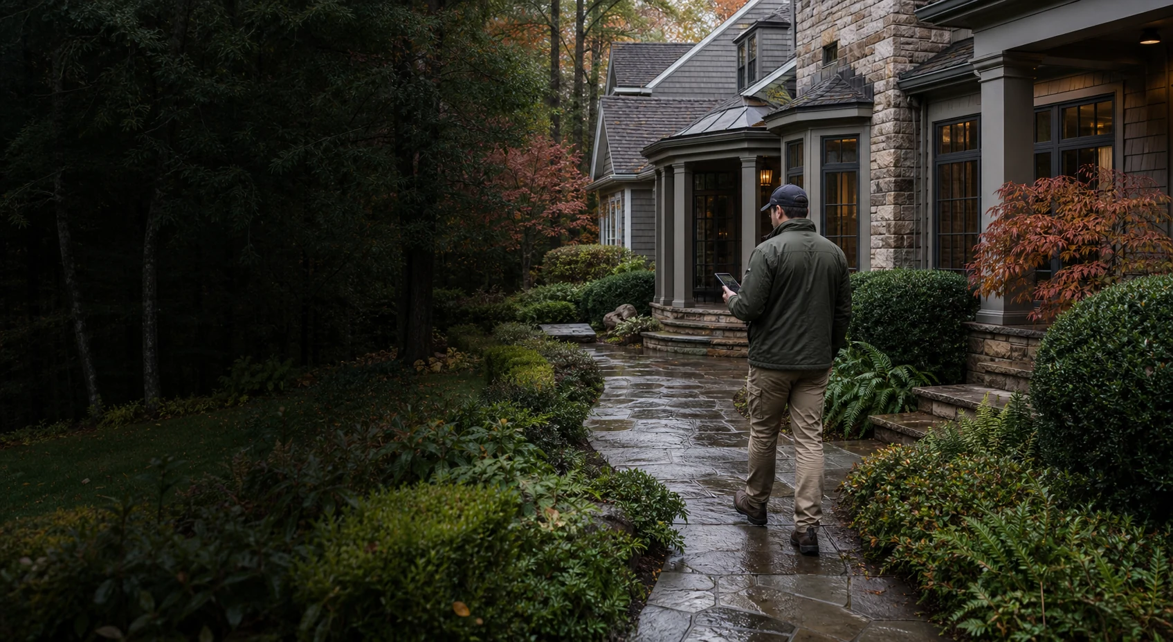Property steward conducting a scheduled exterior visit at a Western North Carolina home